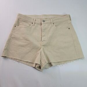 Old Navy Tan Khaki Sky-High A-Line Size 16 Shorts Frayed Hemline, 5 botton.Front